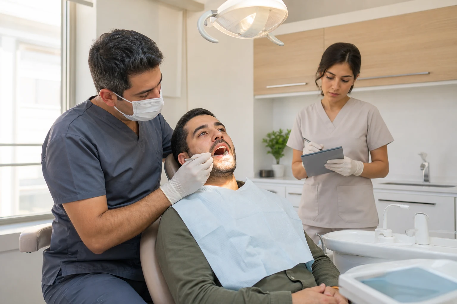 Dişleri ve ağız dokularını ayrıntılı biçimde muayene eden klinik ekip
