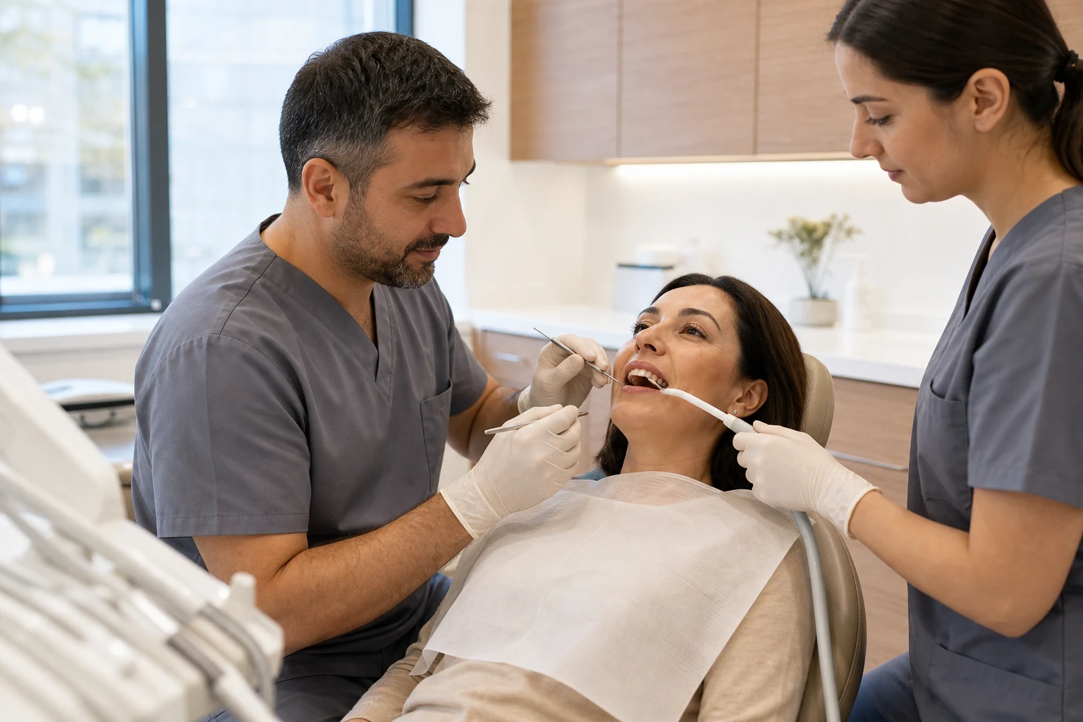 Diş eti ve ağız sağlığı taraması yapan klinik ekip