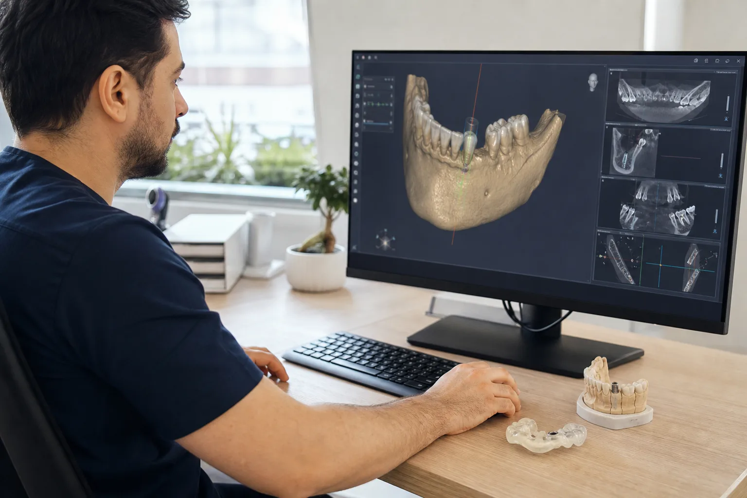 Bilgisayarda üç boyutlu dental implant konumu planlayan diş hekimi