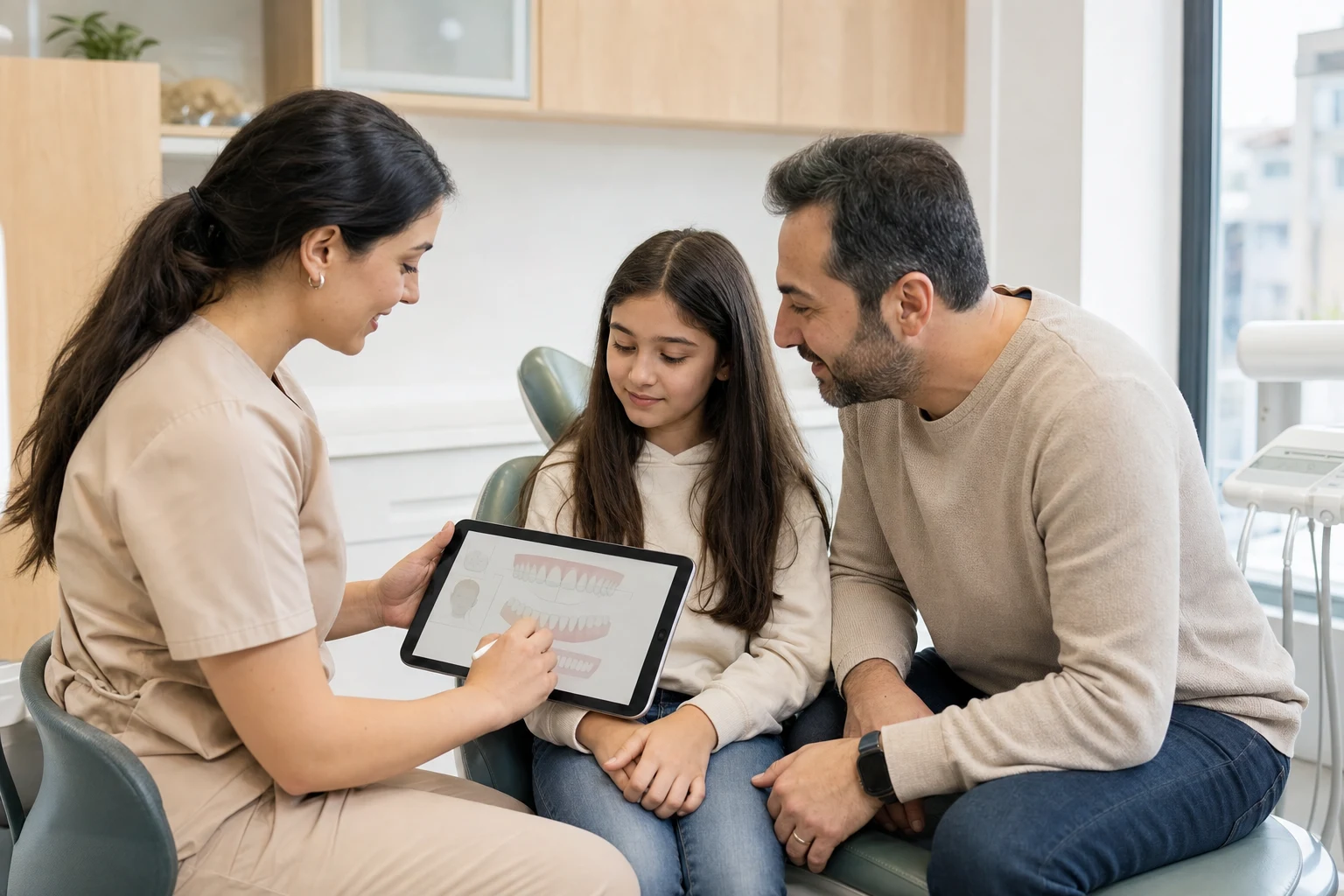 Çocuğun diş gelişimini tablet üzerinden ailesiyle değerlendiren diş hekimi