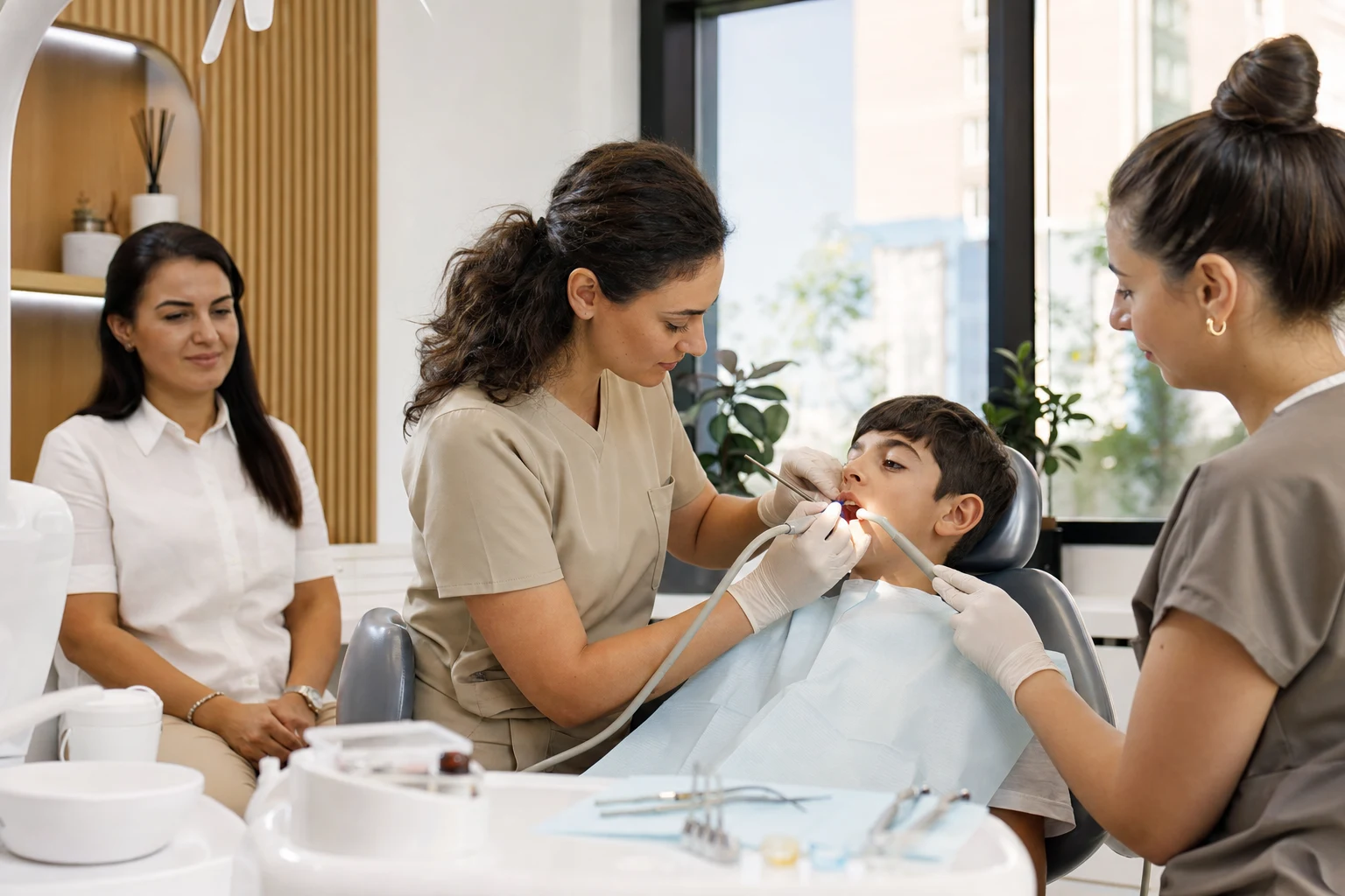 Çocuğun diş tedavisini ebeveyni yanında uygulayan klinik ekibi