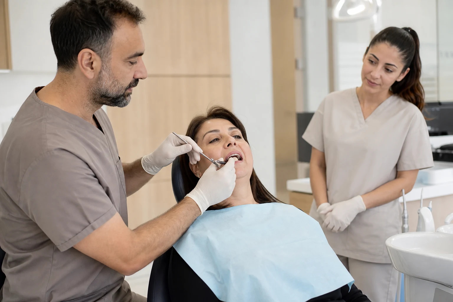 Prova aşamasında restorasyon uyumunu ve kapanışı kontrol eden klinik ekip