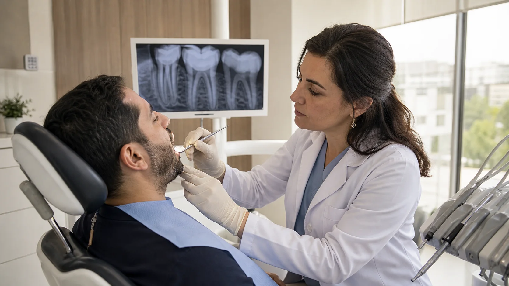 Diş röntgenini inceleyerek hastasına restoratif ve endodontik tedavi seçeneklerini anlatan diş hekimi